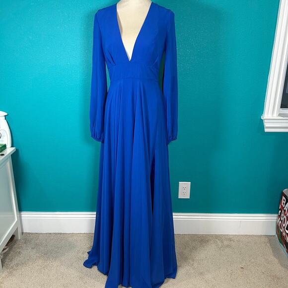 NWT Leena For Mac duggal 55682 Dress Blue Plunged Bishop Sleeve Long Gown Size 6 - Picture 2 of 8